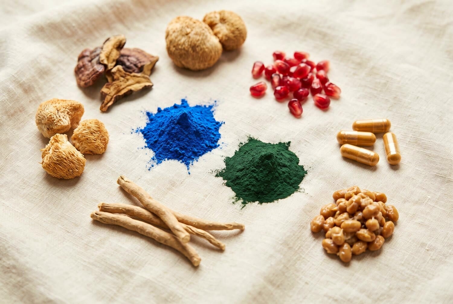 Whole-food ingredients: mushrooms, pomegranate, spirulina, blue phycocyanin, ashwagandha root and natto